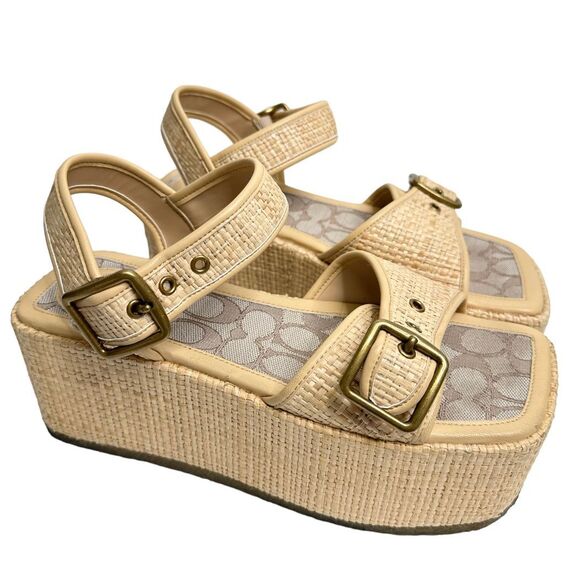 COACH Monogram Naomi Raffia Flatform Sandals Womens Size 8 - Picture 1 of 14